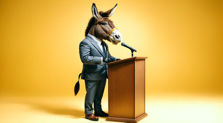 a donkey character wearing a suit, delivering a speech on a podiumの素材