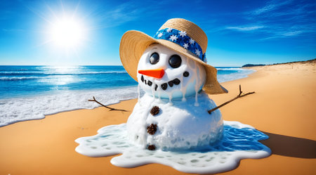 a snowman on beach beginning to meltの素材