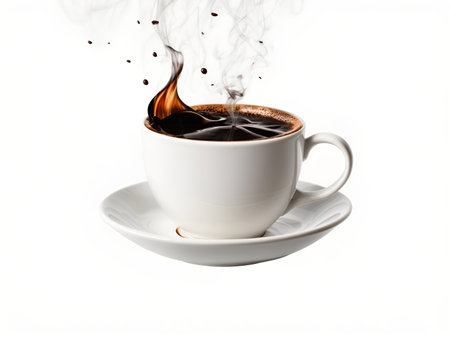 A floating coffee cup with steam forming shapesの素材