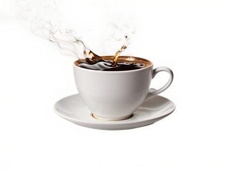 A floating coffee cup with steam forming shapesの素材