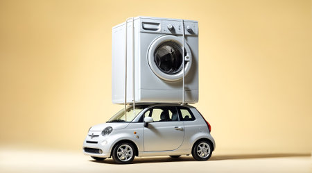 a washing machine tied on top of a small carの素材