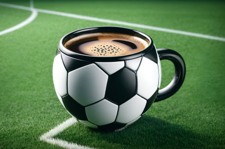 a coffee cup designed to look like a classic footballの素材