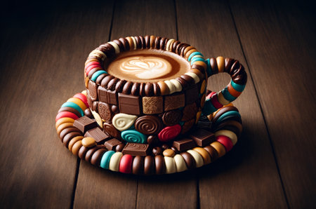 a coffee cup made entirely of multi-colored chocolateの素材