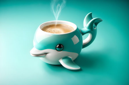 a coffee cup creatively designed to resemble a dolphinの素材