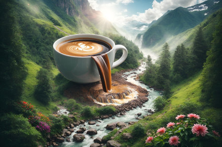 a gigantic coffee cup positioned above a natural landscapeの素材