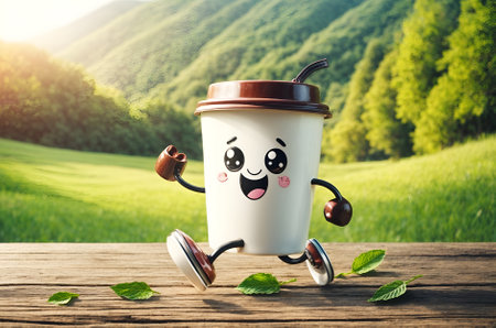 a cute coffee cup with a smiley faceの素材