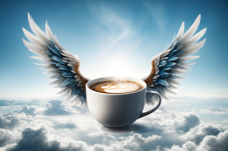 a coffee cup adorned with a pair of majestic, feathered wingsの素材