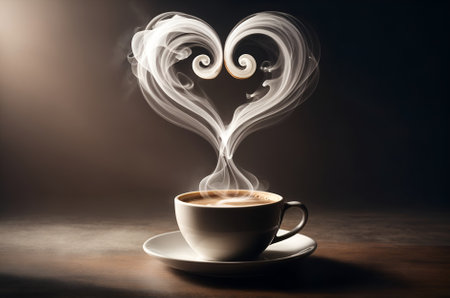 a coffee cup with steam rising from it, elegantly forming a perfect heart shape above the cupの素材
