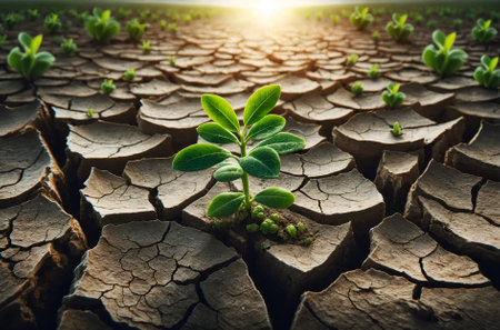 a small, vibrant green plant emerging strongly from dry, cracked soilの素材