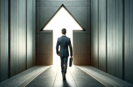a businessman in a formal suit walking confidently towards an open wall shaped like an arrowの素材