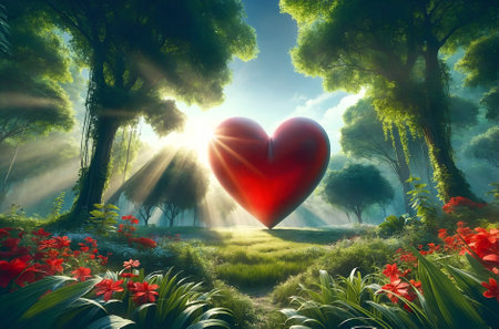 a giant red heart in the embrace of natureの素材