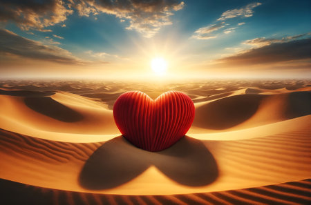 a vibrant red heart in the vastness of a desertの素材
