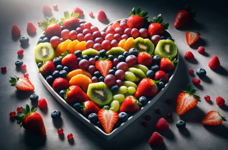 a heart-shaped dish filled with fruitsの素材