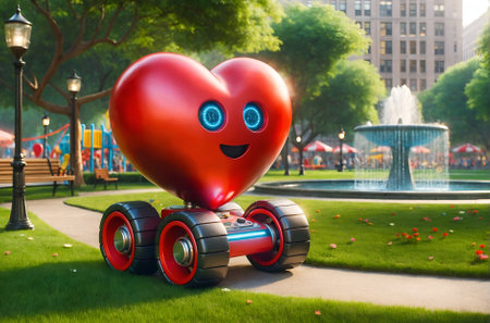a red heart with wheels, resembling a cheerful moving robotの素材