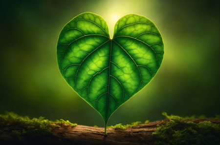 a vibrant green leaf shaped like a heartの素材