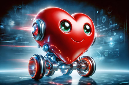 a red heart with wheels, resembling a cheerful moving robotの素材
