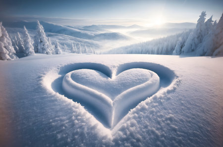 a heart shape meticulously carved into the snowの素材