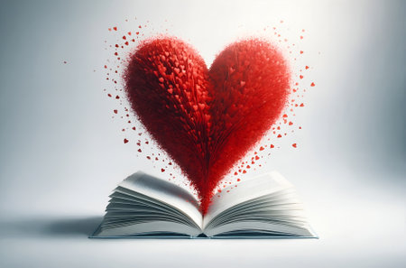 a vibrant red heart emerging from the pages of an open bookの素材
