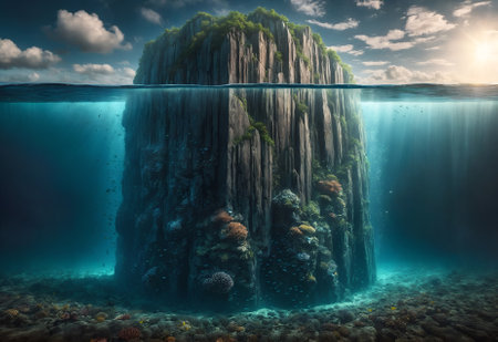 a massive rock partially submerged underwaterの素材