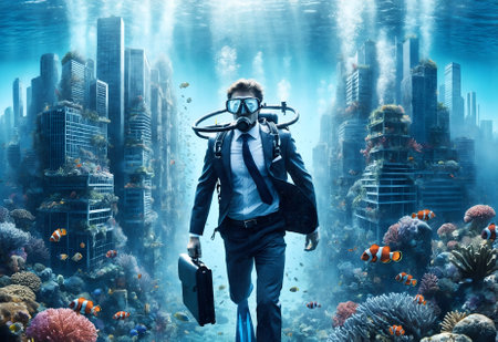 a businessman in formal attire with diving gear, exploring the underwater worldの素材