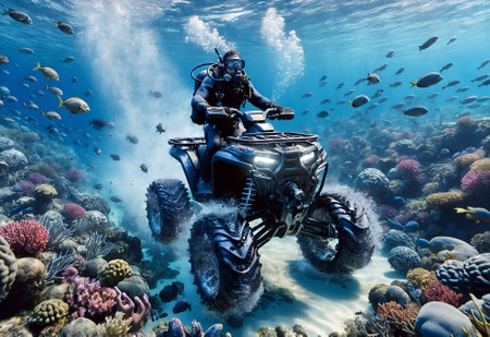 a diver riding an ATV underwater,の素材