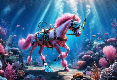a horse with customized diving gear, exploring the vibrant underwater worldの素材