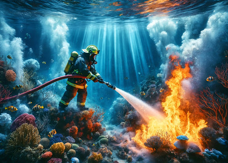 a surreal scene of a firefighter working to extinguish a fire underwaterの素材