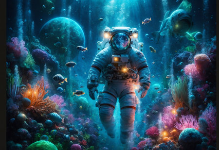 an astronaut exploring an underwater worldの素材