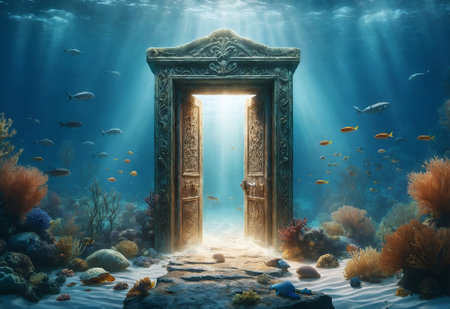 a mysterious, door standing on the ocean floorの素材