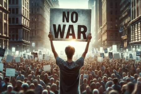a sign with the message "no war" during a peaceful demonstrationの素材