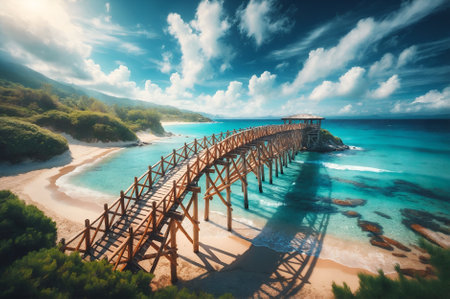 a rustic wooden bridge on the beachの素材