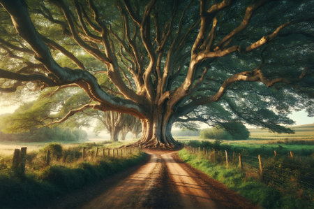 a majestic tree with a broad trunk standing in the middle of a dirt roadの素材