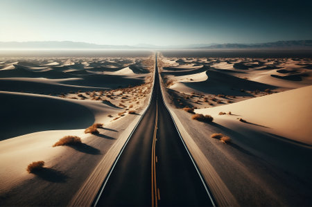 a straight asphalt road cutting through the heart of a vast desert landscapeの素材