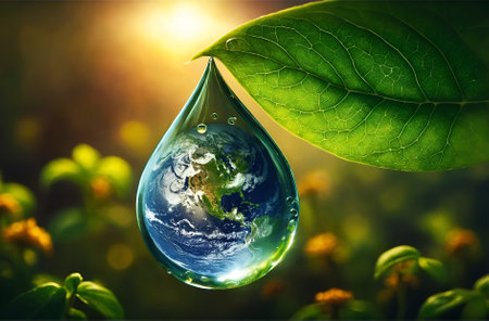 the Earth encased within a water droplet suspended from the tip of a vibrant plant leafの素材