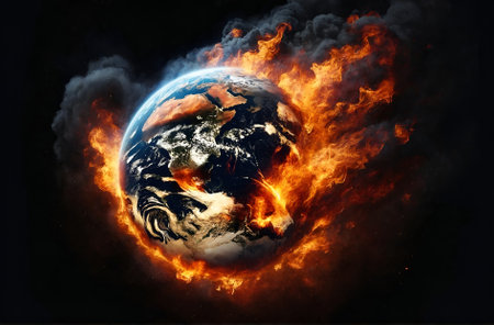 the Earth engulfed in flames, set against a black backgroundの素材