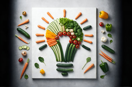 a variety of vegetables arranged together to form the shape of a lightbulbの素材