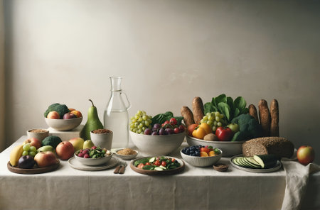 a table laden with various healthy foodsの素材