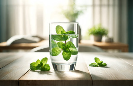 a glass of water with mint leaves insideの素材
