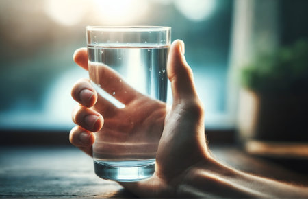 a hand holding a glass of waterの素材