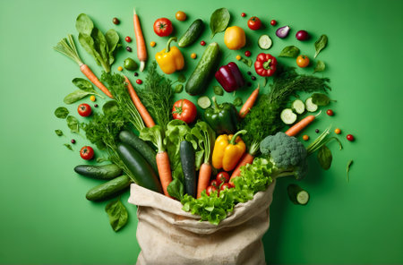 a variety of vegetables scattered outside of a bagの素材