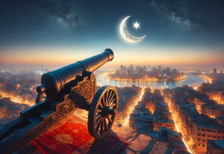 a Ramadan cannon overlooking a city in the eveningの素材