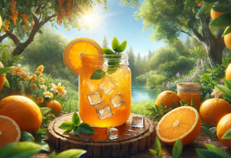 a natural orange drink set in the midst of natureの素材