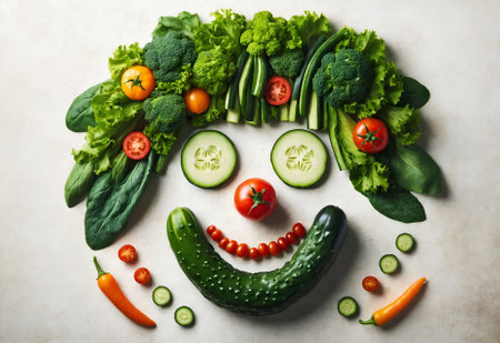vegetables arranged to form a smiling faceの素材