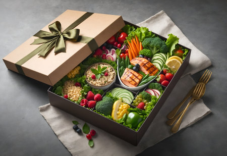 a healthy meal presented inside a gift boxの素材