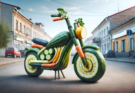 a sport motorcycle made entirely from vegetablesの素材