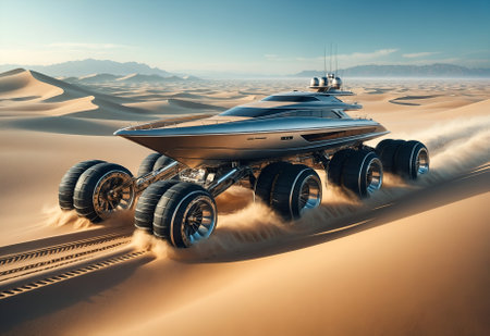 a yacht designed for the desert, equipped with special wheelsの素材