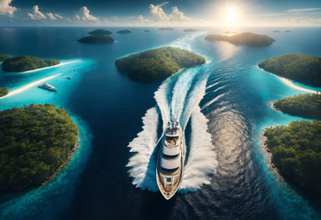 a luxurious yacht leaving a lush islandの素材