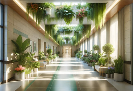 a hospital corridor transformed into a lush indoor gardenの素材