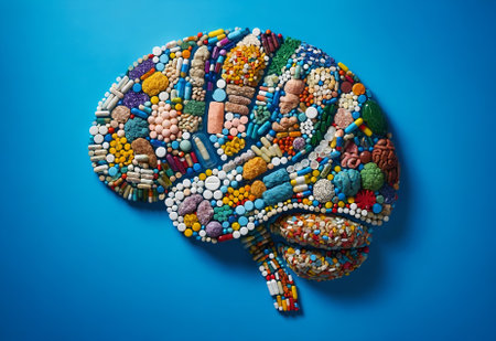 a collection of medicines arranged to form the shape of a brainの素材
