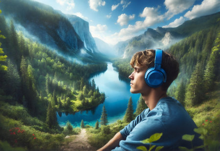 a young man wearing blue headphonesの素材